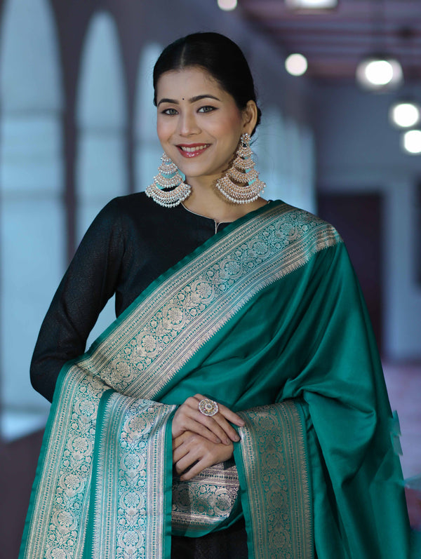 Banarasee Katan Silk Dupatta With Gold Zari Woven Border-Emerald Green