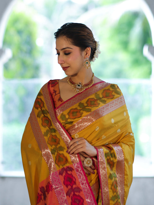 Banarasee Handloom Dual Tone Semi Silk Saree With Buti Design & Ikkat Border-Yellow