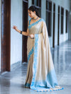 Banarasee Handwoven Semi-Tussar Saree With Contrast Geometric Border-Beige & Blue