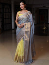 Banarasee Dual Color Pure Linen Saree With Zari Border & Lace-Grey & Lemon Yellow