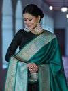 Banarasee Katan Silk Dupatta With Gold Zari Woven Border-Emerald Green