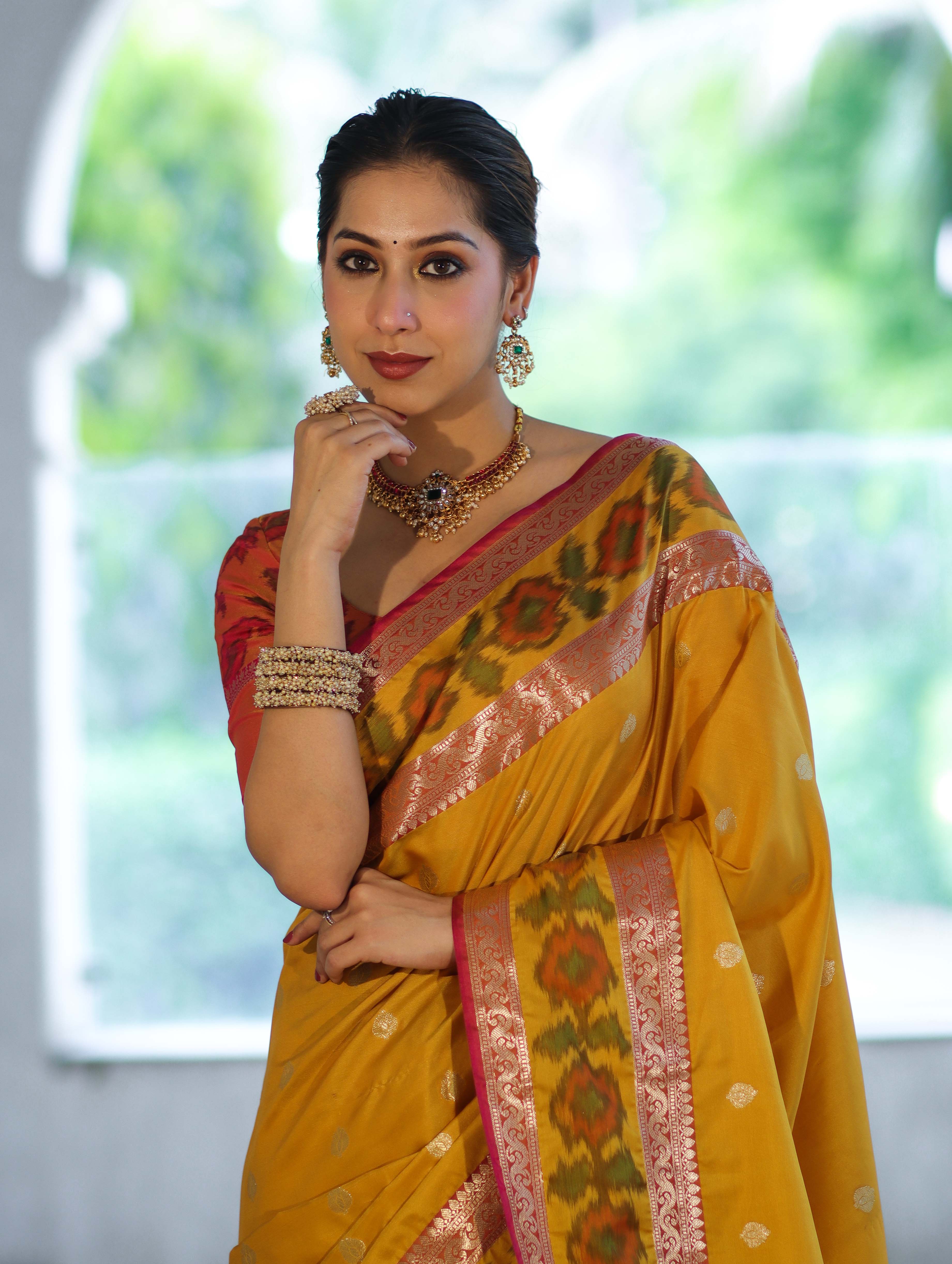 Banarasee Handloom Dual Tone Semi Silk Saree With Buti Design & Ikkat Border-Yellow