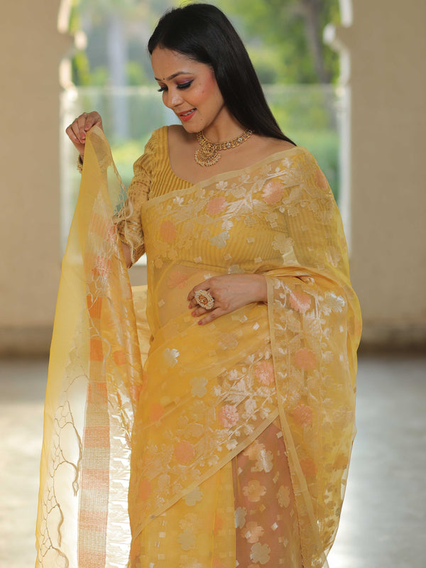 Banarasee Kora Muslin Saree With Zari Jamdani Weaving-Yellow