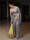 Banarasee Dual Color Pure Linen Saree With Zari Border & Lace-Grey & Lemon Yellow