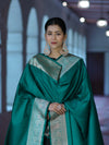 Banarasee Katan Silk Dupatta With Gold Zari Woven Border-Emerald Green