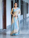 Banarasee Handwoven Semi-Tussar Saree With Contrast Geometric Border-Beige & Blue