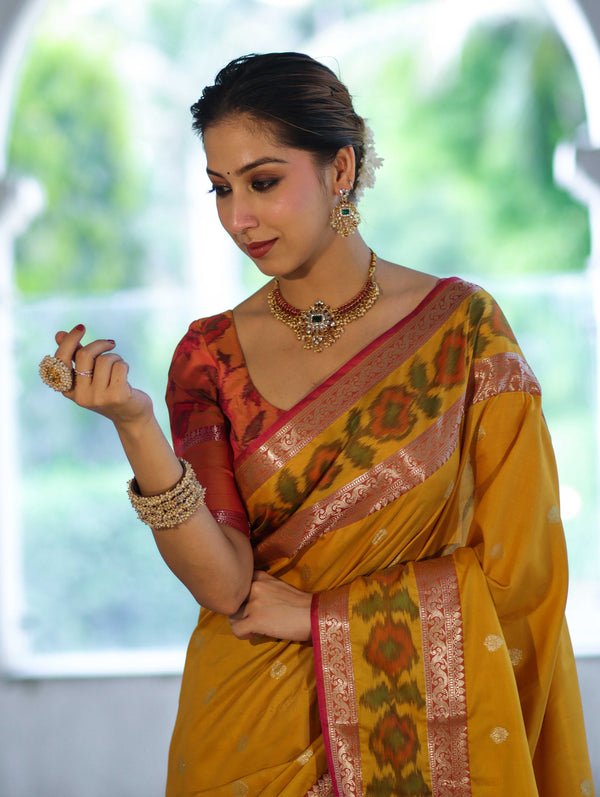 Banarasee Handloom Dual Tone Semi Silk Saree With Buti Design & Ikkat Border-Yellow