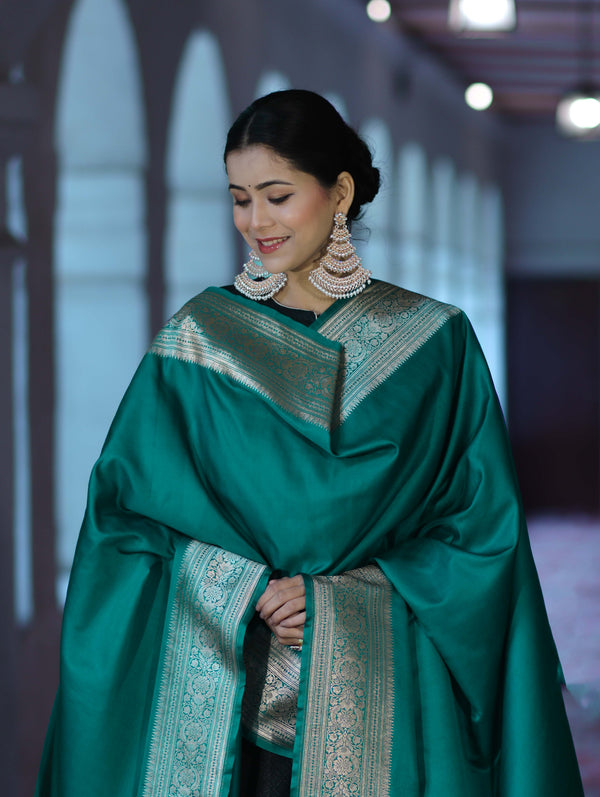 Banarasee Katan Silk Dupatta With Gold Zari Woven Border-Emerald Green