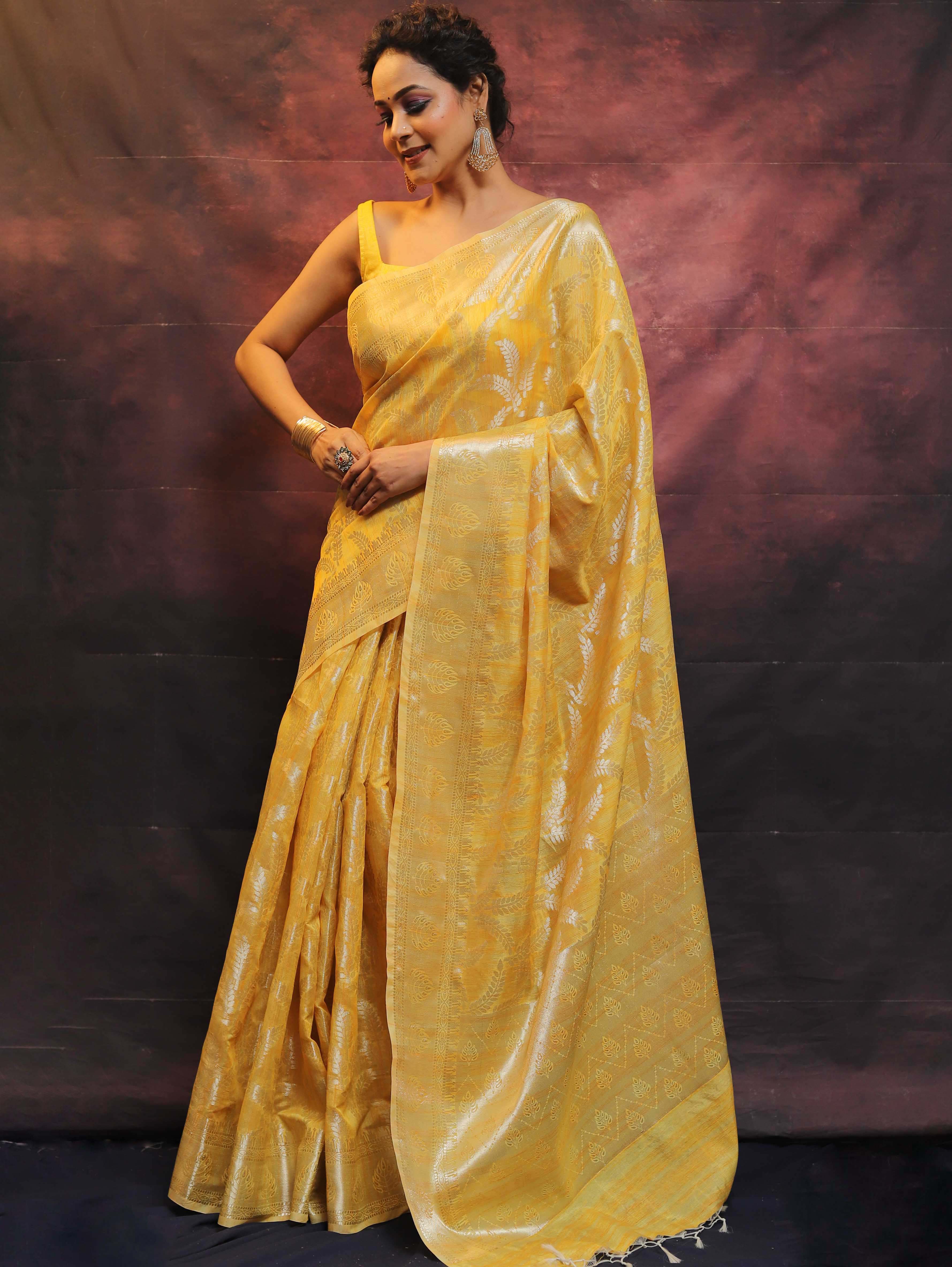 Banarasee Handloom Linen Silk Mix Zari Work Saree-Yellow
