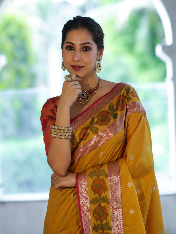 Banarasee Handloom Dual Tone Semi Silk Saree With Buti Design & Ikkat Border-Yellow