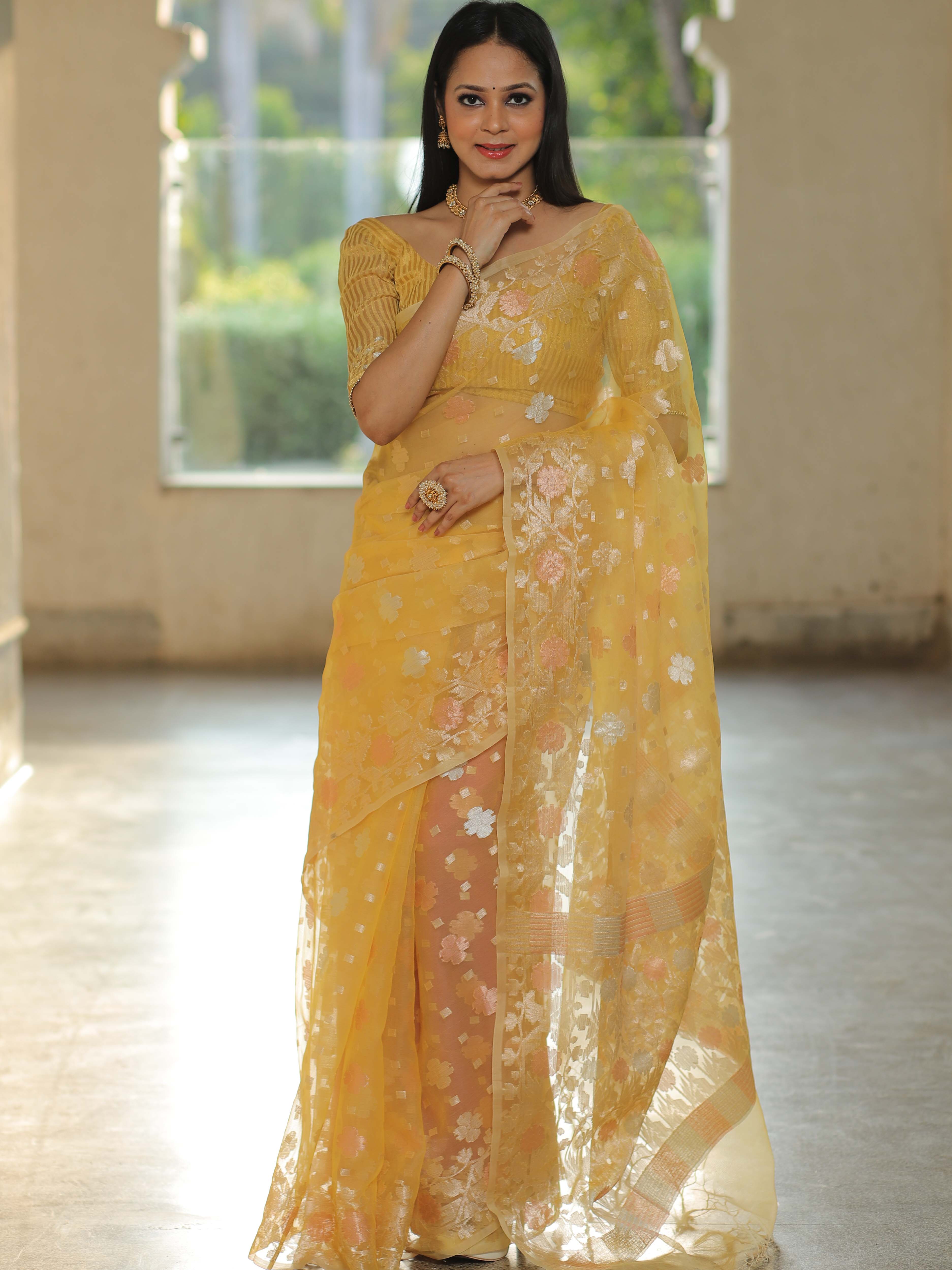 Banarasee Kora Muslin Saree With Zari Jamdani Weaving-Yellow