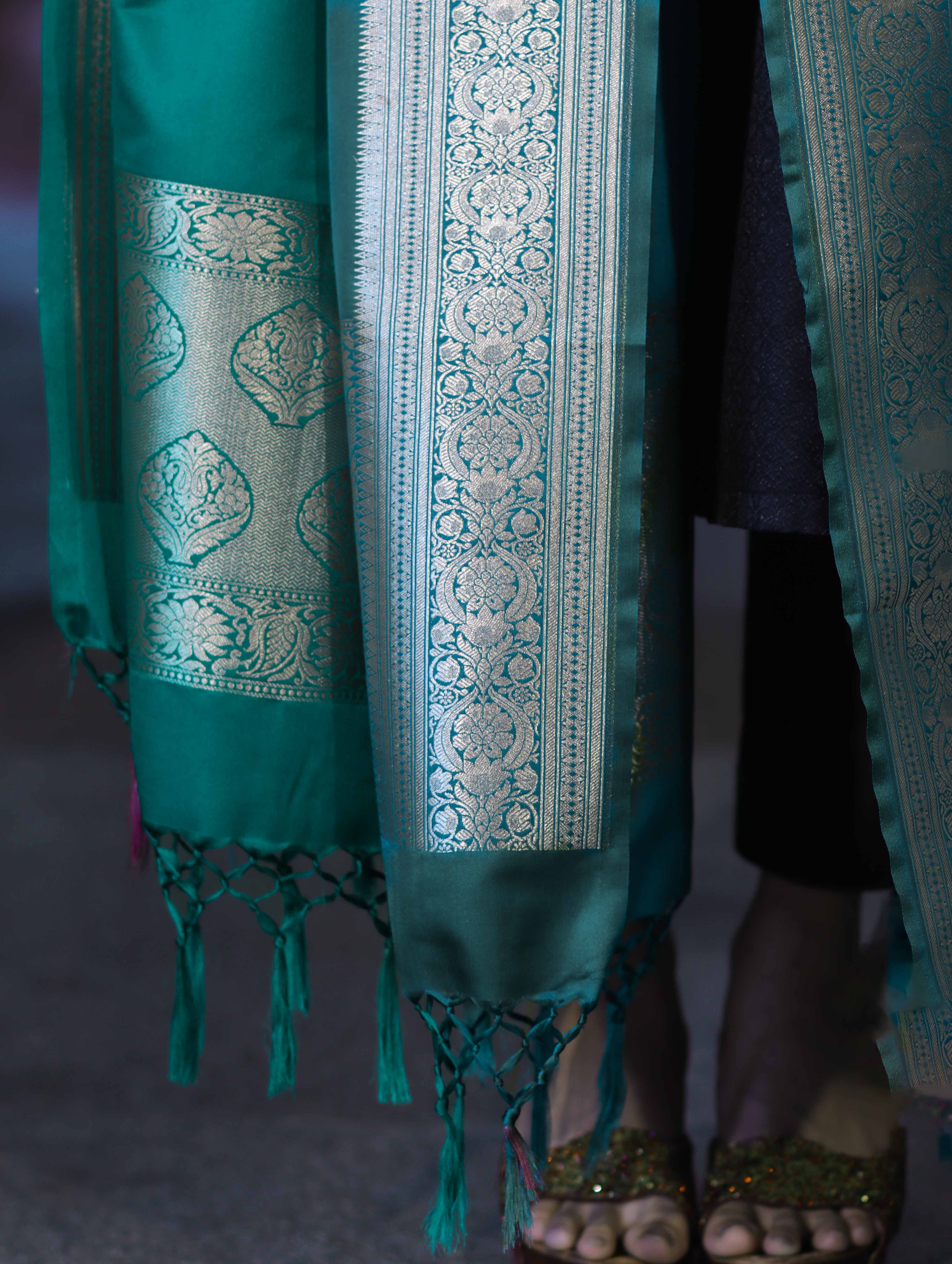 Banarasee Katan Silk Dupatta With Gold Zari Woven Border-Emerald Green