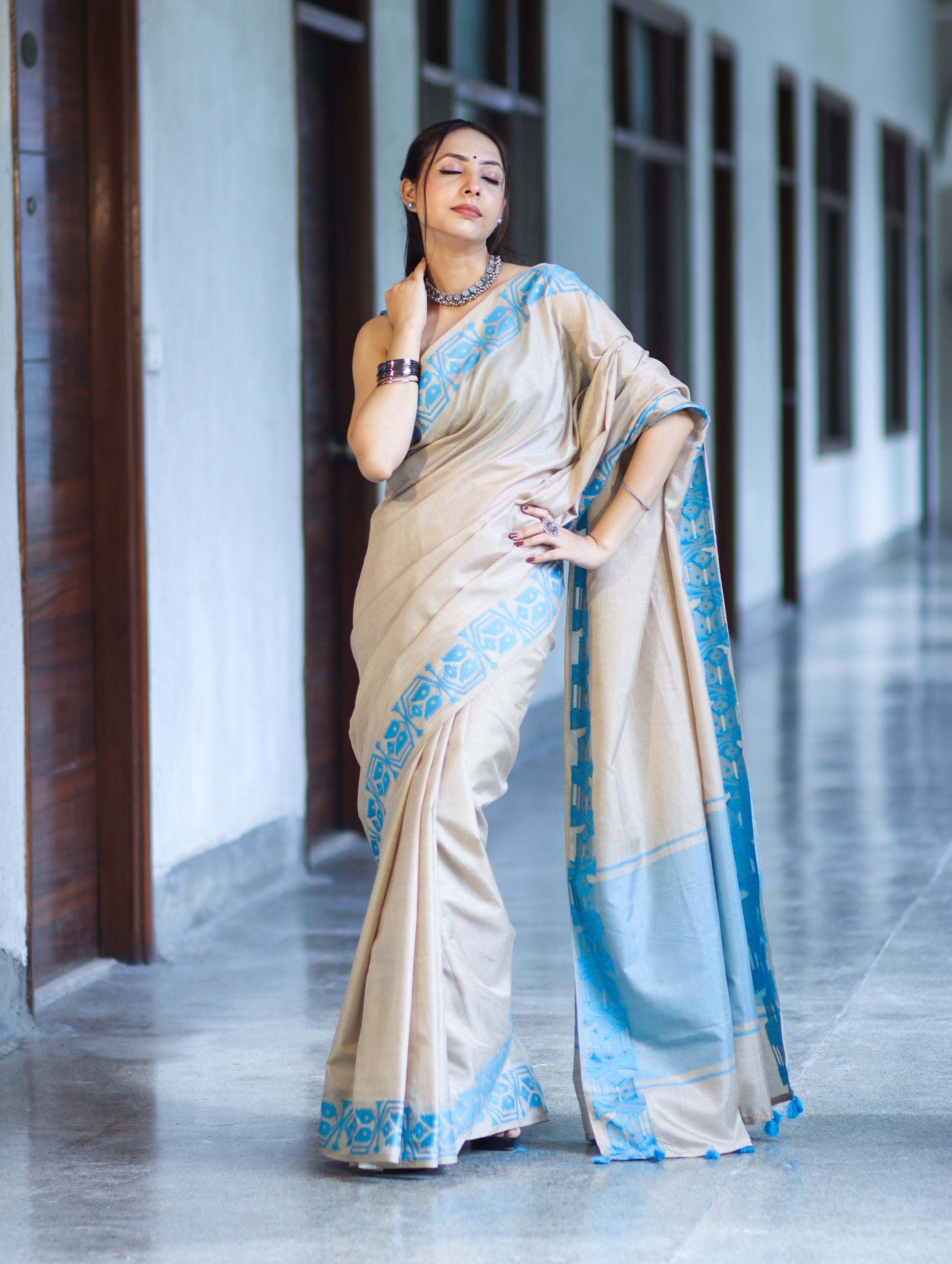 Banarasee Handwoven Semi-Tussar Saree With Contrast Geometric Border-Beige & Blue