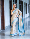 Banarasee Handwoven Semi-Tussar Saree With Contrast Geometric Border-Beige & Blue
