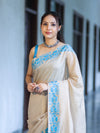 Banarasee Handwoven Semi-Tussar Saree With Contrast Geometric Border-Beige & Blue