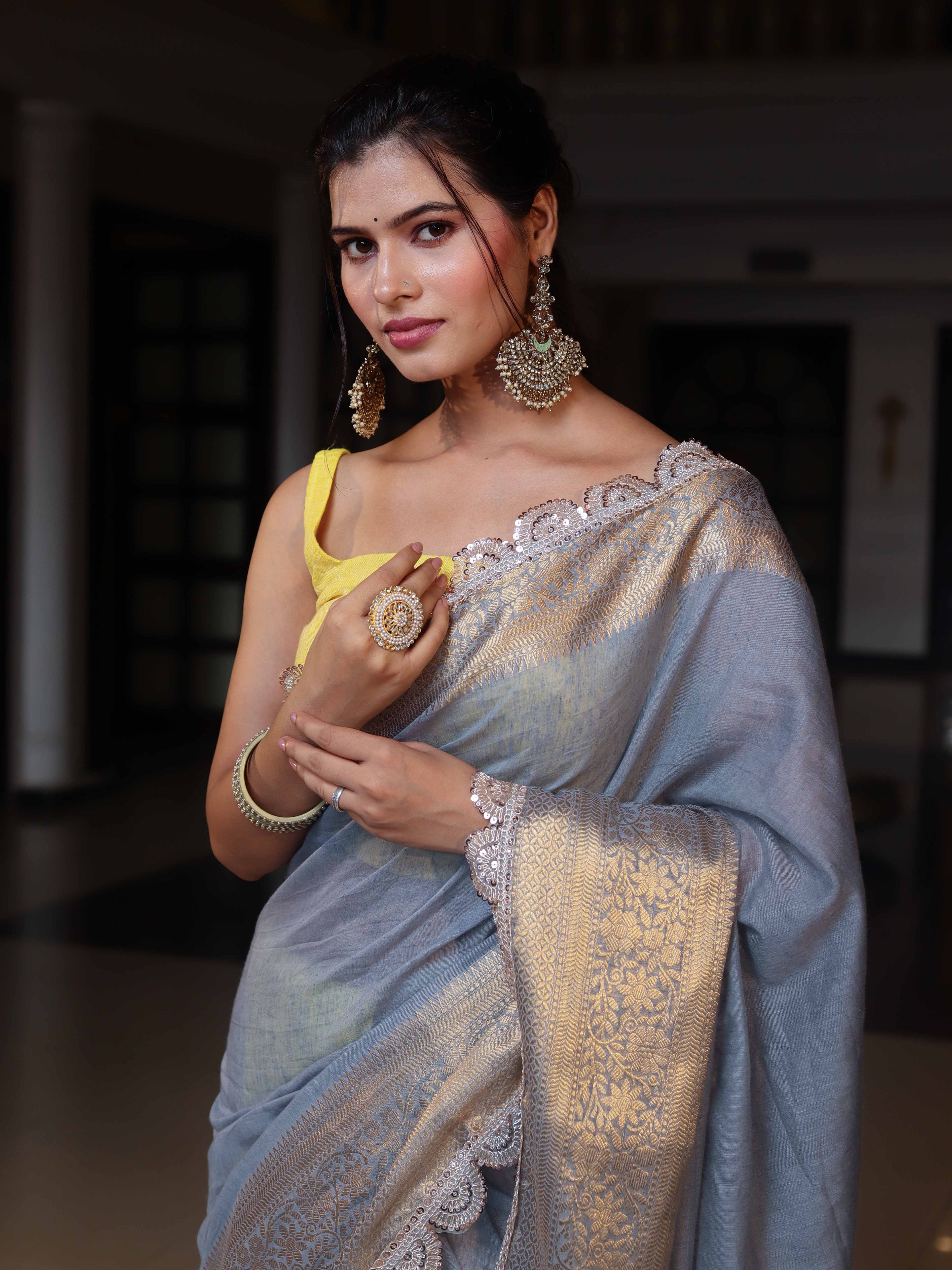 Banarasee Dual Color Pure Linen Saree With Zari Border & Lace-Grey & Lemon Yellow