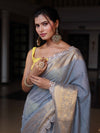 Banarasee Dual Color Pure Linen Saree With Zari Border & Lace-Grey & Lemon Yellow