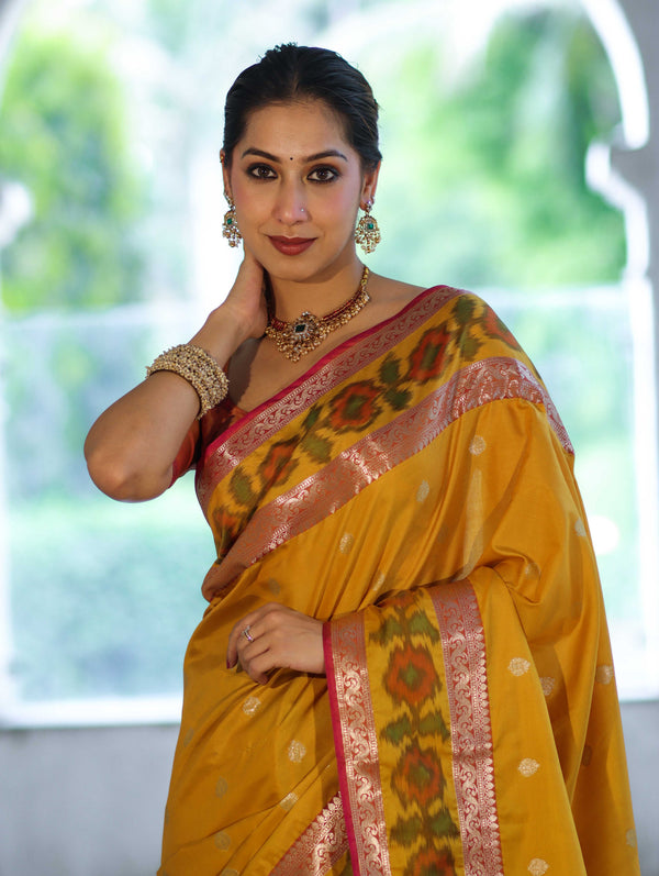 Banarasee Handloom Dual Tone Semi Silk Saree With Buti Design & Ikkat Border-Yellow