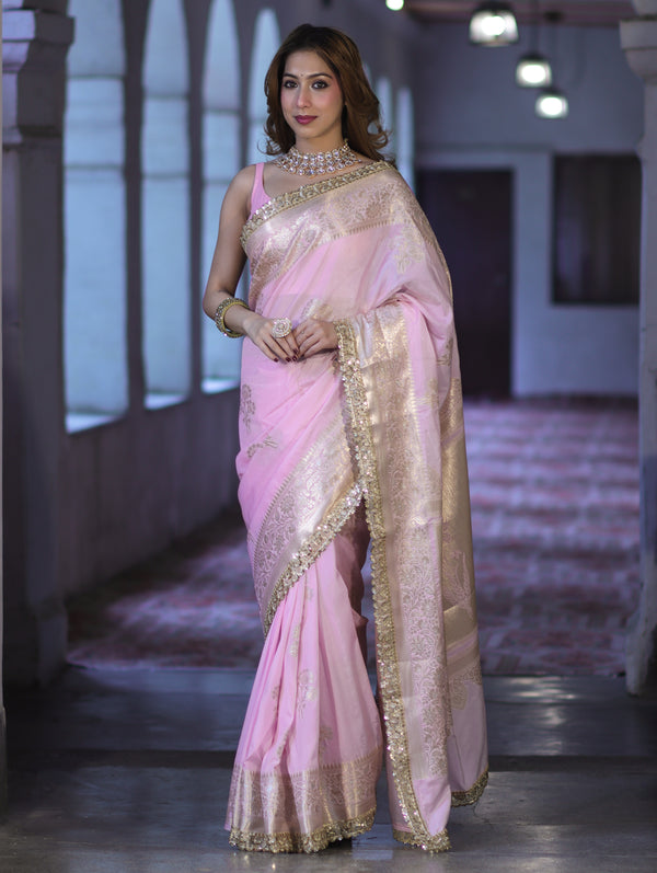 Banarasee Handloom Semi Silk Saree With Sona Rupa Zari Buta Design Floral Border & Lace-Light Pink