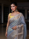 Banarasee Dual Color Pure Linen Saree With Zari Border & Lace-Grey & Lemon Yellow