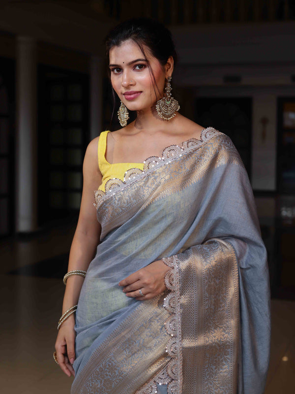 Banarasee Dual Color Pure Linen Saree With Zari Border & Lace-Grey & Lemon Yellow