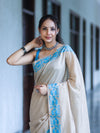 Banarasee Handwoven Semi-Tussar Saree With Contrast Geometric Border-Beige & Blue