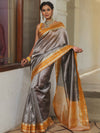 Banarasee Handwoven Plain Tissue Saree With Contrast Border-Grey & Yellow
