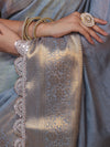Banarasee Dual Color Pure Linen Saree With Zari Border & Lace-Grey & Lemon Yellow