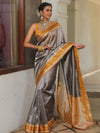 Banarasee Handwoven Plain Tissue Saree With Contrast Border-Grey & Yellow