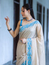 Banarasee Handwoven Semi-Tussar Saree With Contrast Geometric Border-Beige & Blue