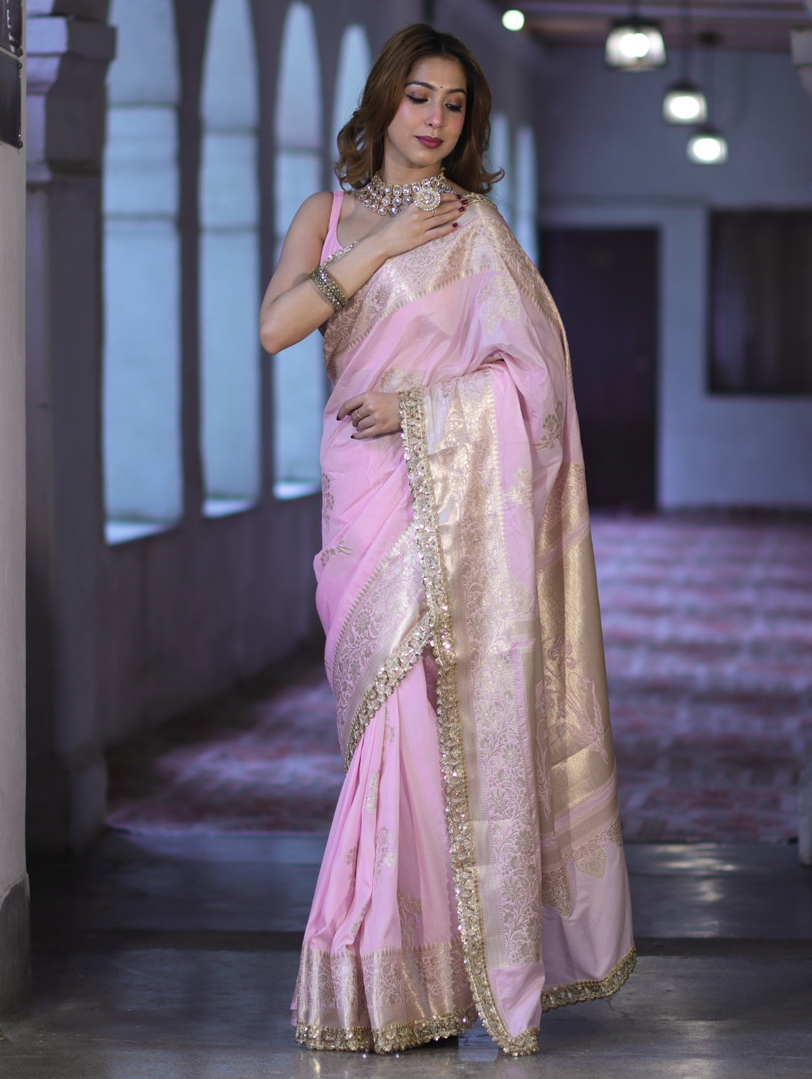 Banarasee Handloom Semi Silk Saree With Sona Rupa Zari Buta Design Floral Border & Lace-Light Pink