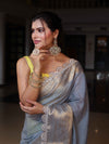 Banarasee Dual Color Pure Linen Saree With Zari Border & Lace-Grey & Lemon Yellow
