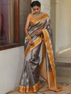 Banarasee Handwoven Plain Tissue Saree With Contrast Border-Grey & Yellow