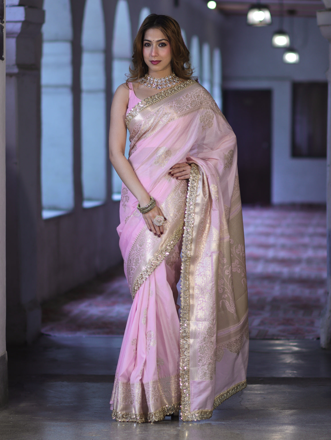 Banarasee Handloom Semi Silk Saree With Sona Rupa Zari Buta Design Floral Border & Lace-Light Pink