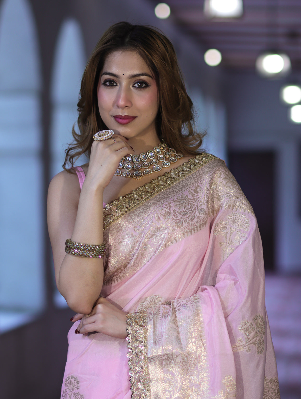 Banarasee Handloom Semi Silk Saree With Sona Rupa Zari Buta Design Floral Border & Lace-Light Pink