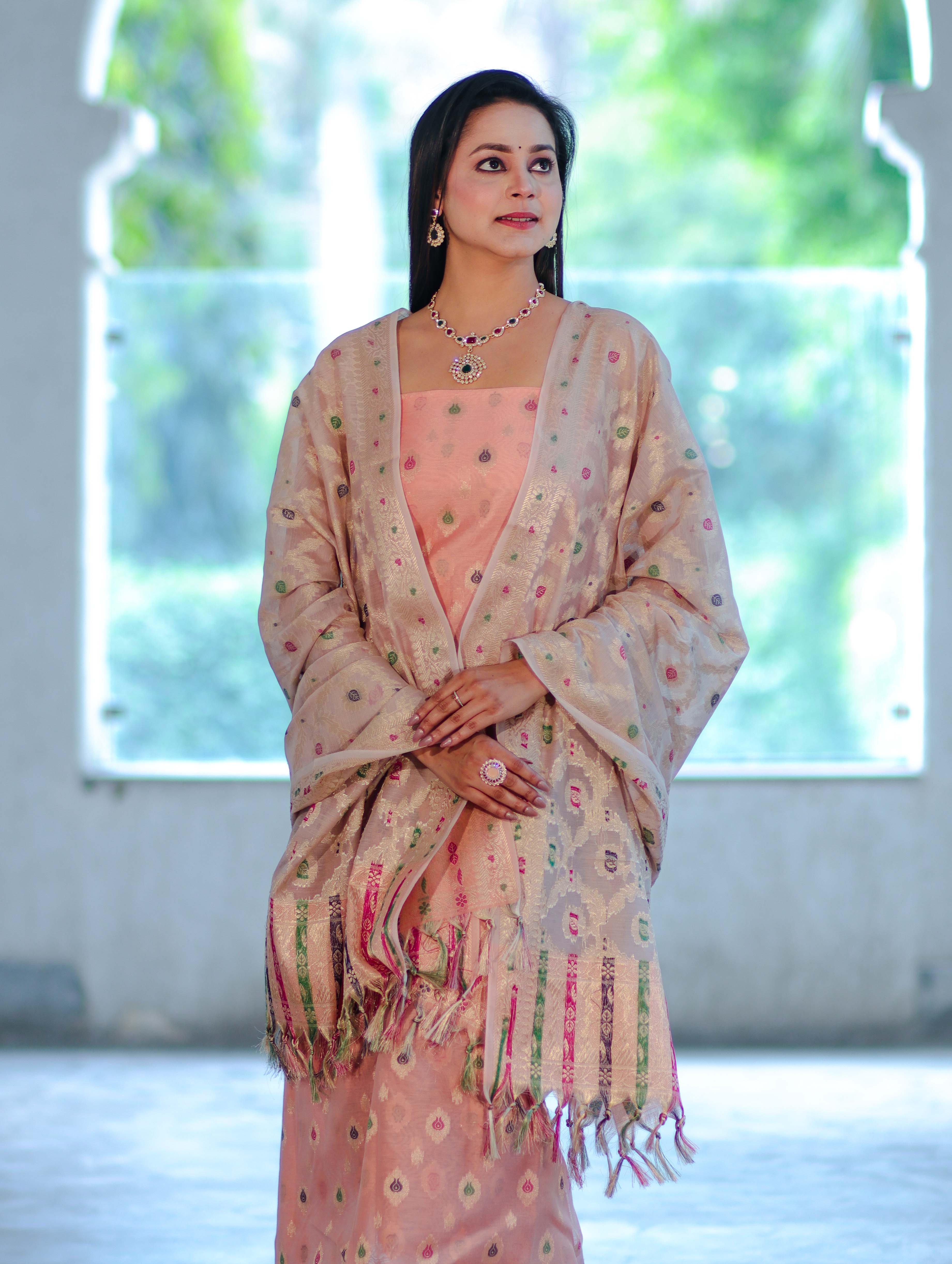 Banarasee Cotton Silk Zari Work Salwar Kameez Fabric With Jaal Design Dupatta Set-Peach & Beige