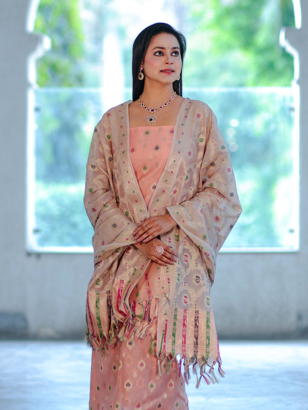 Banarasee Cotton Silk Zari Work Salwar Kameez Fabric With Jaal Design Dupatta Set-Peach & Beige