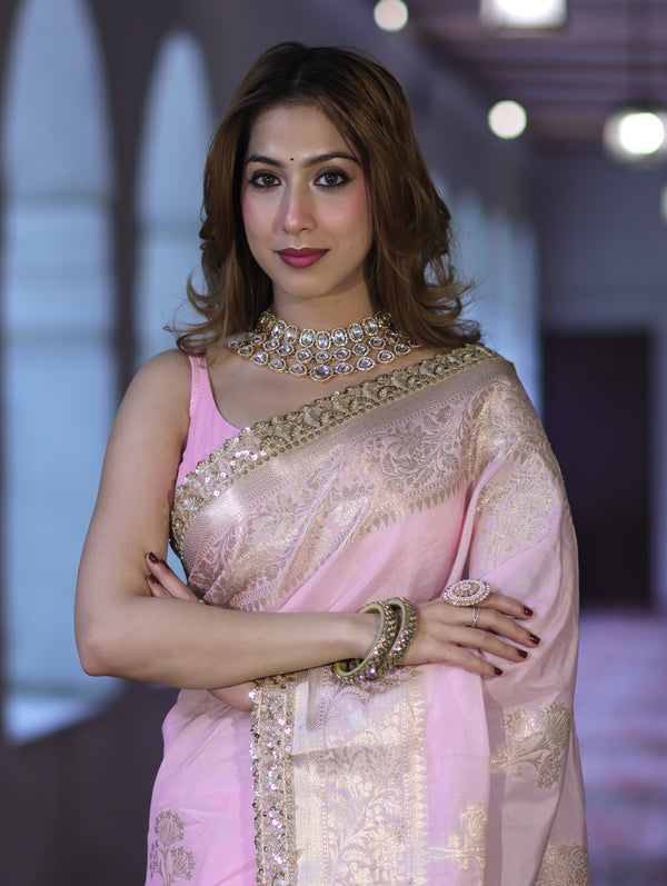 Banarasee Handloom Semi Silk Saree With Sona Rupa Zari Buta Design Floral Border & Lace-Light Pink