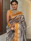 Banarasee Handwoven Plain Tissue Saree With Contrast Border-Grey & Yellow