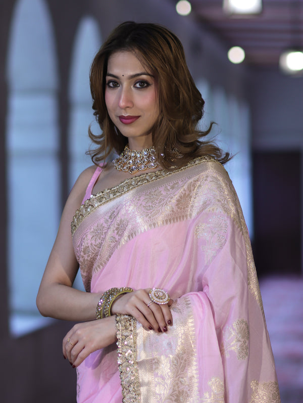 Banarasee Handloom Semi Silk Saree With Sona Rupa Zari Buta Design Floral Border & Lace-Light Pink