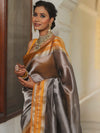 Banarasee Handwoven Plain Tissue Saree With Contrast Border-Grey & Yellow