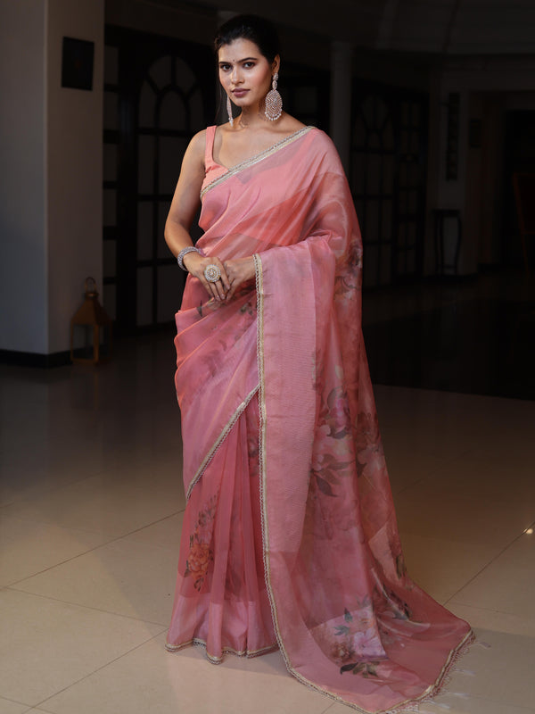 Banarasee Digital Printed Tissue Saree With Lace-Peach
