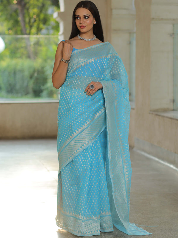 Banarasee Organza Silk Saree With Zari Motifs & Border-Light Blue