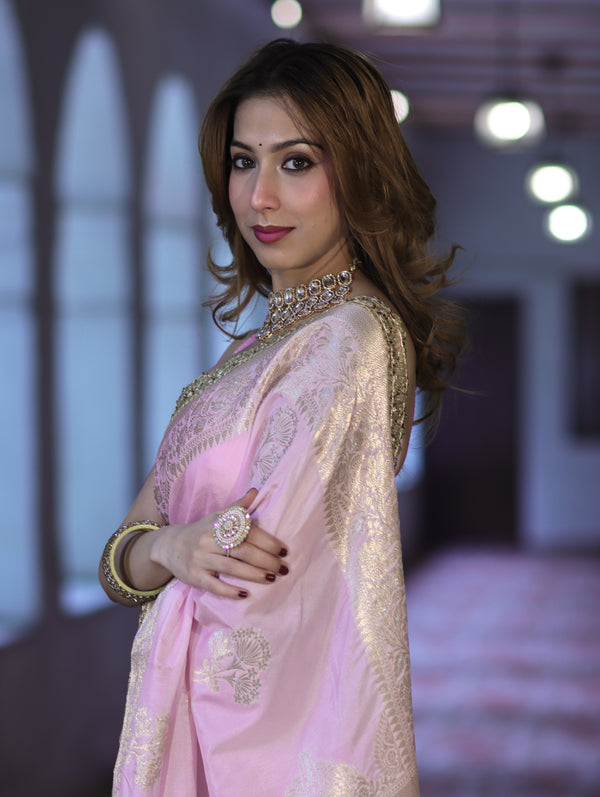 Banarasee Handloom Semi Silk Saree With Sona Rupa Zari Buta Design Floral Border & Lace-Light Pink