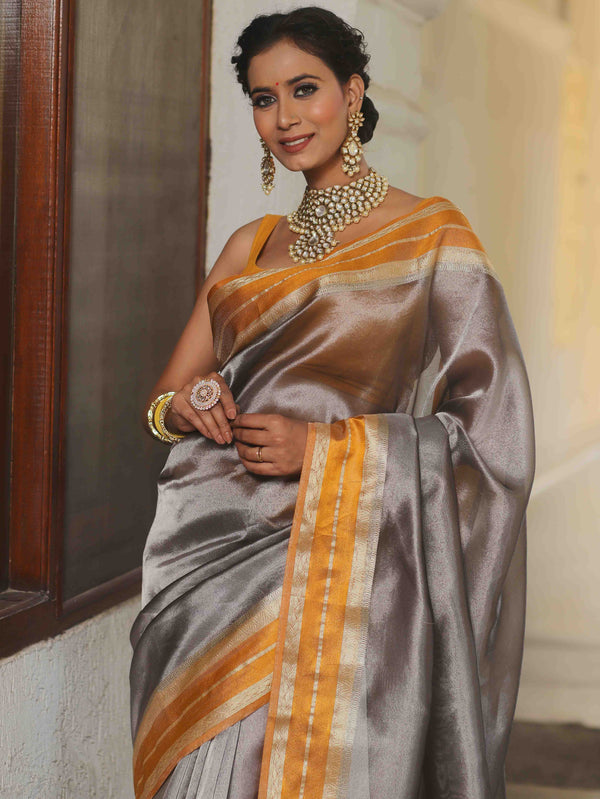 Banarasee Handwoven Plain Tissue Saree With Contrast Border-Grey & Yellow