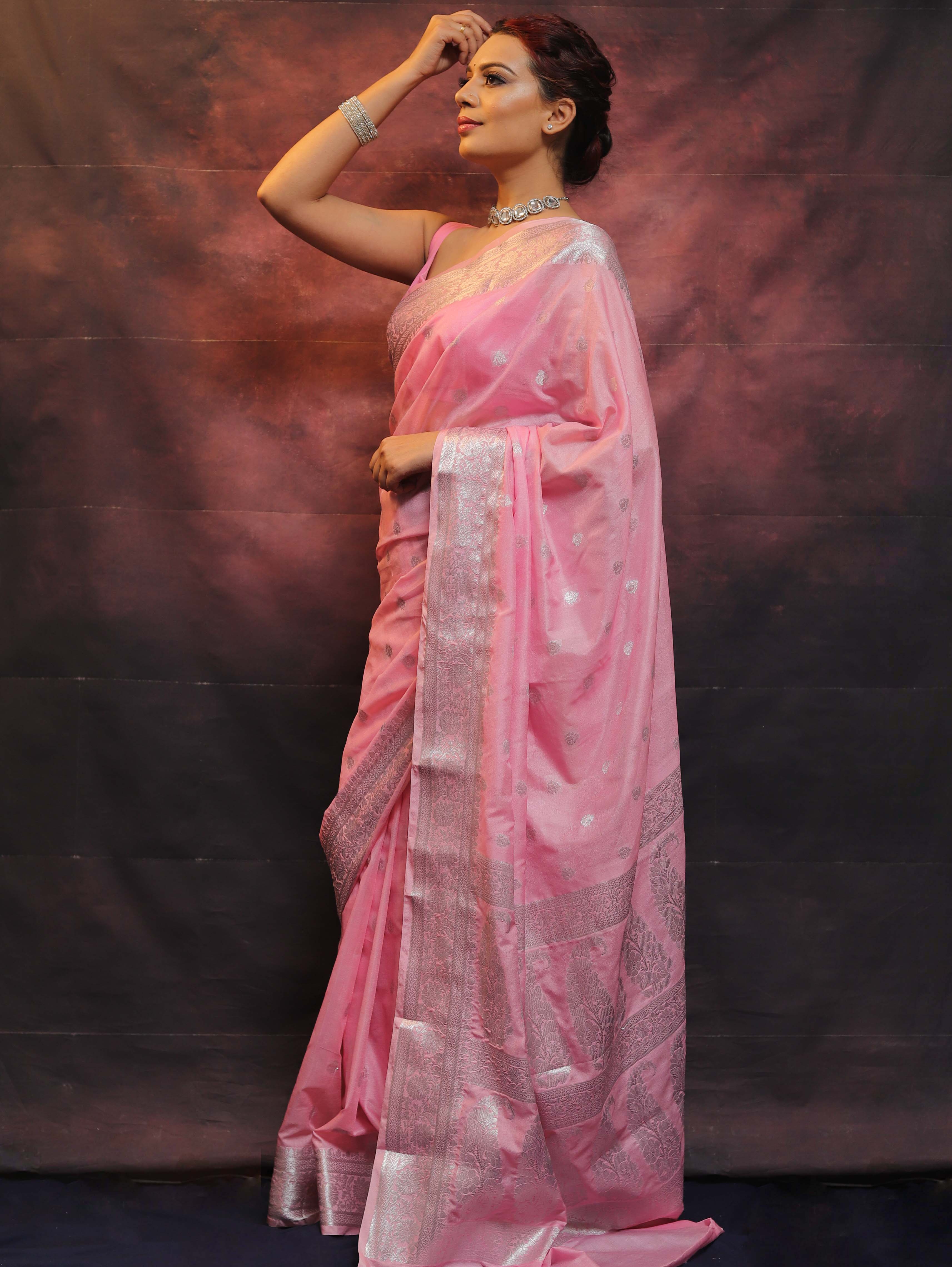 Banarasee Handwoven Semi-Chiffon Saree With Silver Zari Work-Baby Pink
