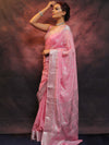 Banarasee Handwoven Semi-Chiffon Saree With Silver Zari Work-Baby Pink