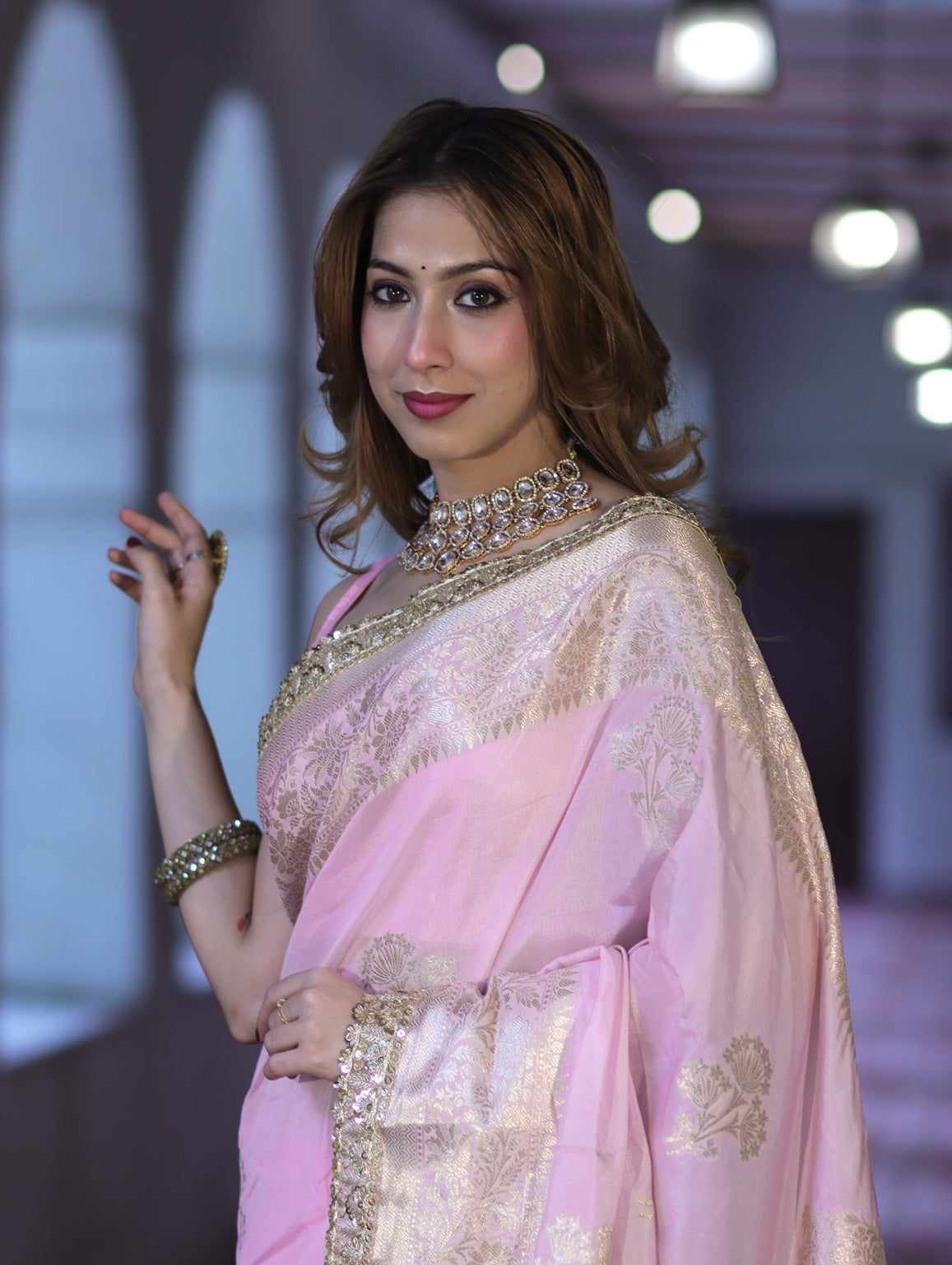 Banarasee Handloom Semi Silk Saree With Sona Rupa Zari Buta Design Floral Border & Lace-Light Pink