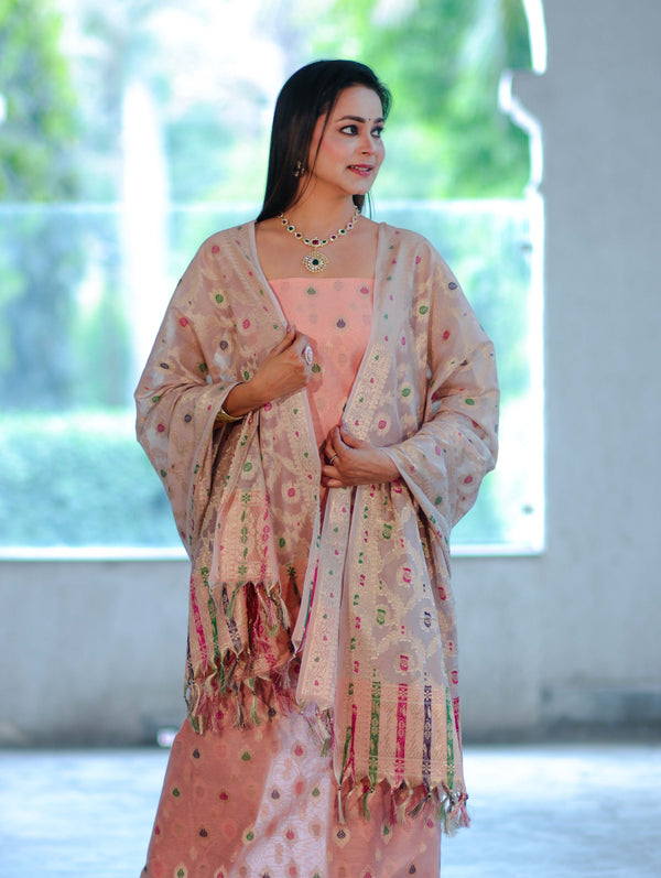 Banarasee Cotton Silk Zari Work Salwar Kameez Fabric With Jaal Design Dupatta Set-Peach & Beige