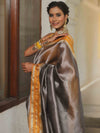 Banarasee Handwoven Plain Tissue Saree With Contrast Border-Grey & Yellow